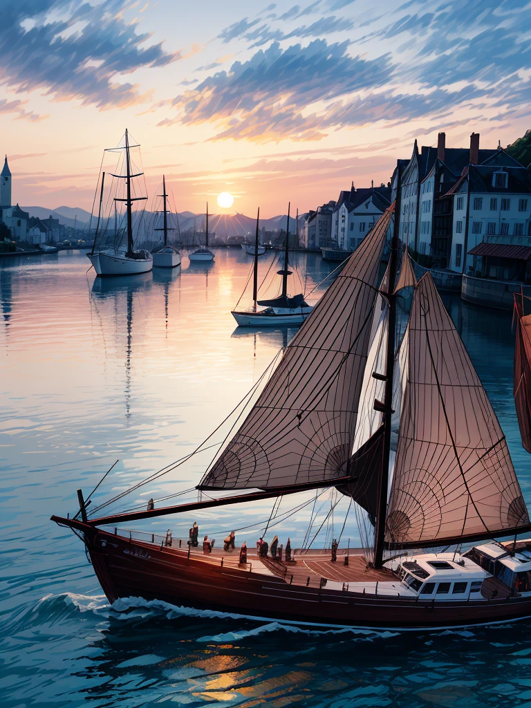 (((masterpiece、Highest image quality、highest quality、highly detailed unity 8kwallpaper)))、((medieval port town))、(wooden sailing ship moored)、sunset