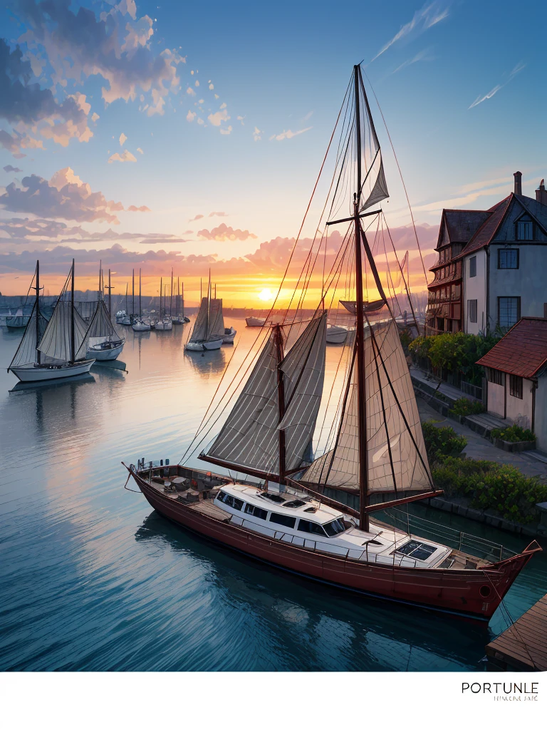 (((masterpiece、Highest image quality、highest quality、highly detailed unity 8kwallpaper)))、((medieval port town))、(wooden sailing ship moored)、sunset