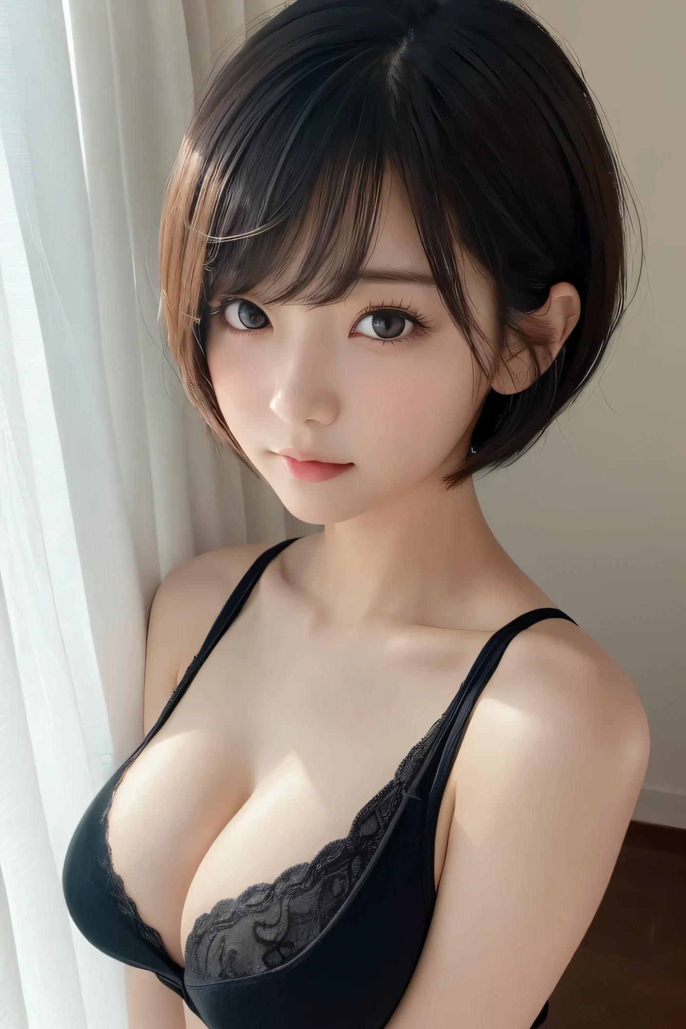 (1 female、Japanese、24-years-old、fresh、clear、seems kind、stylish、attractive narrow eyes、pitiful、天使のようにcute、cute、black eye、Idol,actress,big breasts),(large flabby breasts),(big breasts:1.4).(very cute)、,(eye highlights:1.4),(black hair),enchanting eyes、(In 8K、Live shooting、highest quality、masterpiece:1.2、optimal lighting)、(short bob cut,dull bangs),(masterpiece),(Gravure photography)(Photo taken by a professional photographer),(soft light),(genuine、フォトgenuine:1.37),break,{cute and sexy underwear}, (portrait),,Upper body,looking at the viewer,close up of face,shy,room at night、indirect lighting