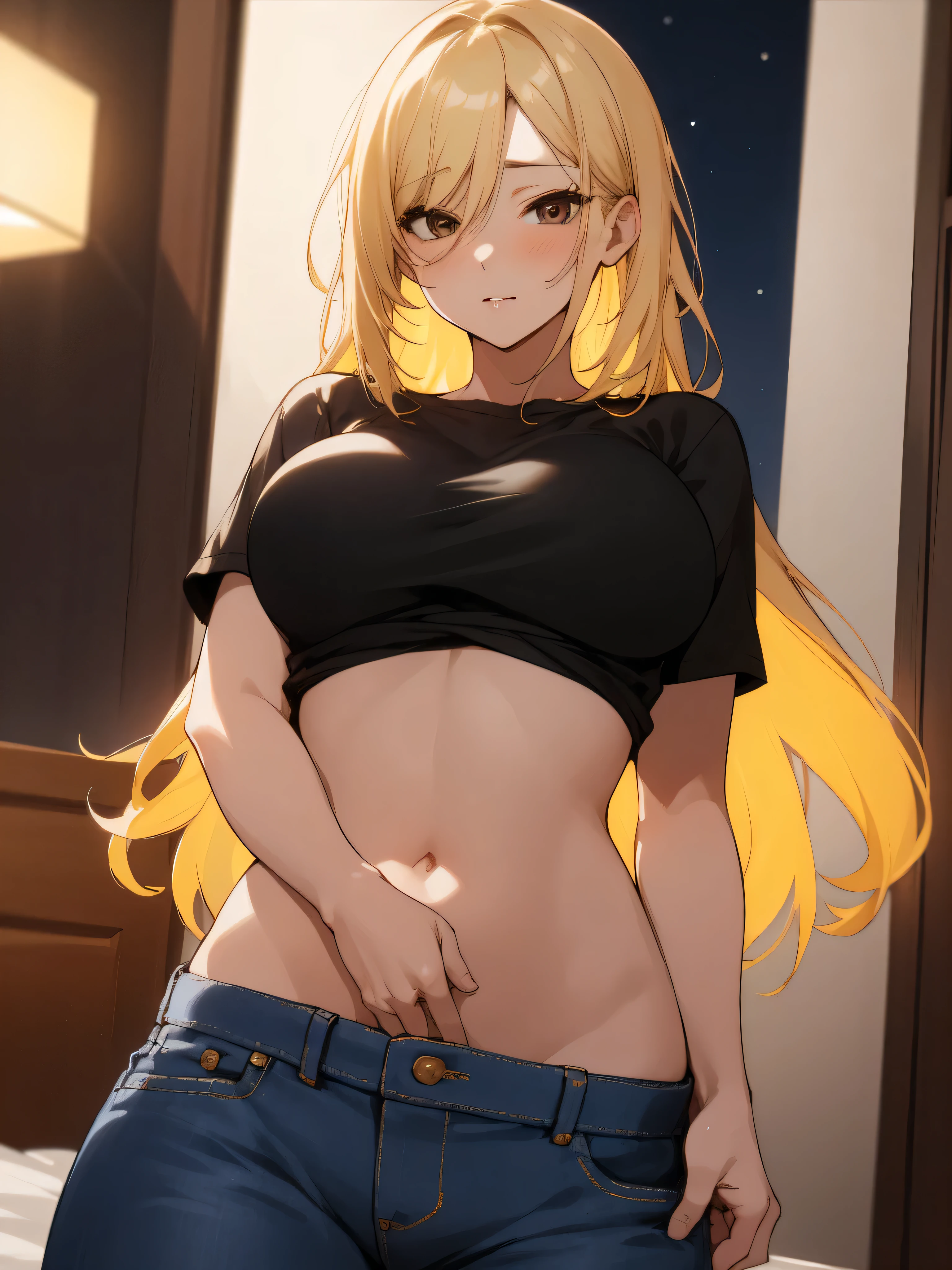 sex,masterpiece, best quality, One Woman,solo,27 age, long hair, blonde hair, brown eyes, large breasts, short sleeves, crop top, jeans, standing, (black shirt), blue pants, upper body, looking at viewer, love hotel room,night