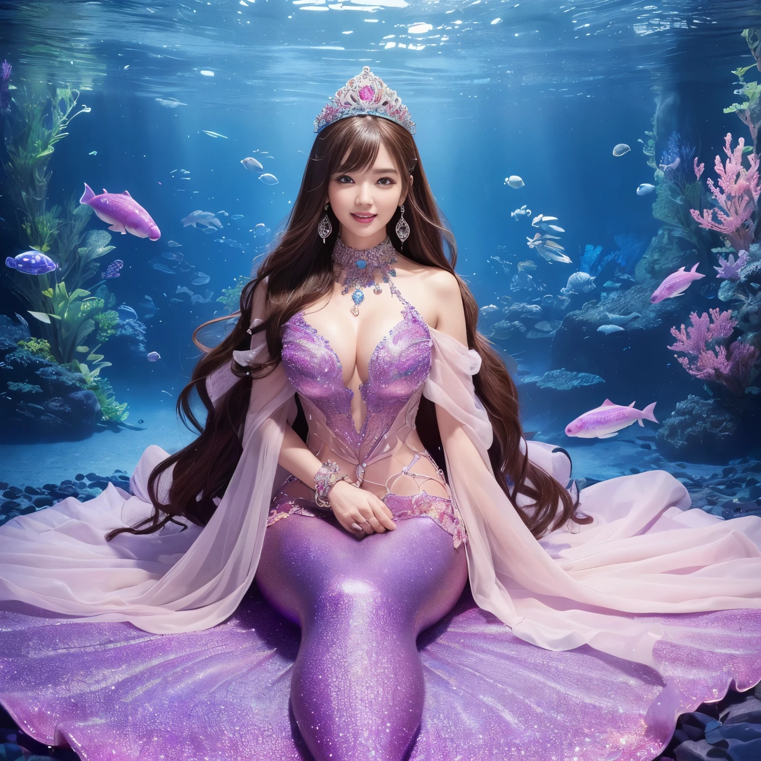 (highest quality、table top、8K、best image quality、hyper realism)、(Mermaid goddess wearing the most extravagant and extravagant finest goddess dress:1.2)、(Mermaid wearing the most extravagant and gorgeous finest goddess dress:1.2)、(The most luxurious and finest transparent sleeve:1.1)、(Sitting on the most luxurious and finest giant bed:1.2)、(upper body photo:1.1)、(The wall of the room is a huge high-quality aquarium:1.2)、(A huge, highly detailed aquarium of the highest quality:1.3)、(Surrounded by a huge aquarium of the highest quality:1.2)、(The most detailed depiction of the most beautiful gigantic aquarium that shines fantastically:1.2)、(最も贅沢で幻想的なSurrounded by a huge aquarium of the highest quality:1.2)、(The most detailed depiction of sea creatures in a huge aquarium:1.2)、(The most fantastic and luxurious princess room that shines brightly:1.2), (There are many beautiful corals and shells in the room.)、(the biggest smile when you look at me:1.2)、Wavy brown hair、Complex, Finely shining scales、(Finest Huge Jewelry Decoration:1.1)、The most gorgeous high-end princess costume、the most luxurious decoration、全身にComplex宝石が施されている、Describe her face in detail、(Perfectly depicts the bright pink and purple scales of a real mermaid:1.2)、very finely drawn scales、Giant tiara、Clear and detailed background、(Everything is a fantastic and glittering background:1.1)、(accurate anatomy:1.1)、(The most luxurious and huge finest jewelry decoration:1.1)