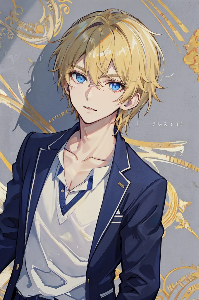 a handsome man,adult,blond,blue eyes,clavicle,school uniform,Arbitrary,(masterpiece),(highest quality),