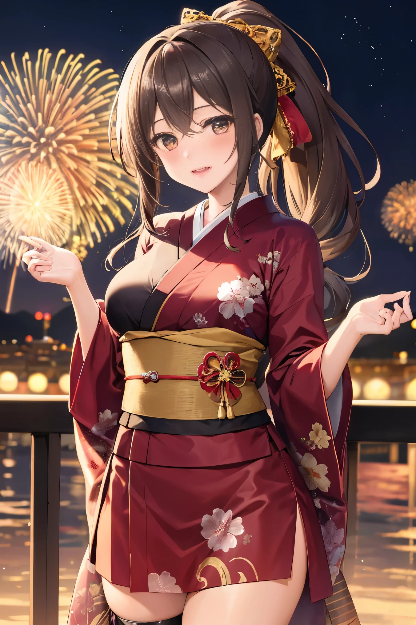 "anime girl, 1 person, dark brown hair, ponytail, ponytail, hairpin, brown eyes, kimono, dark brown kimono, elaborate patterned outfit, stockings, large breasts, blushing  , solo, view from different directions, night, festival, New Year's Eve fireworks, watch fireworks (full HD Image 4K+)"