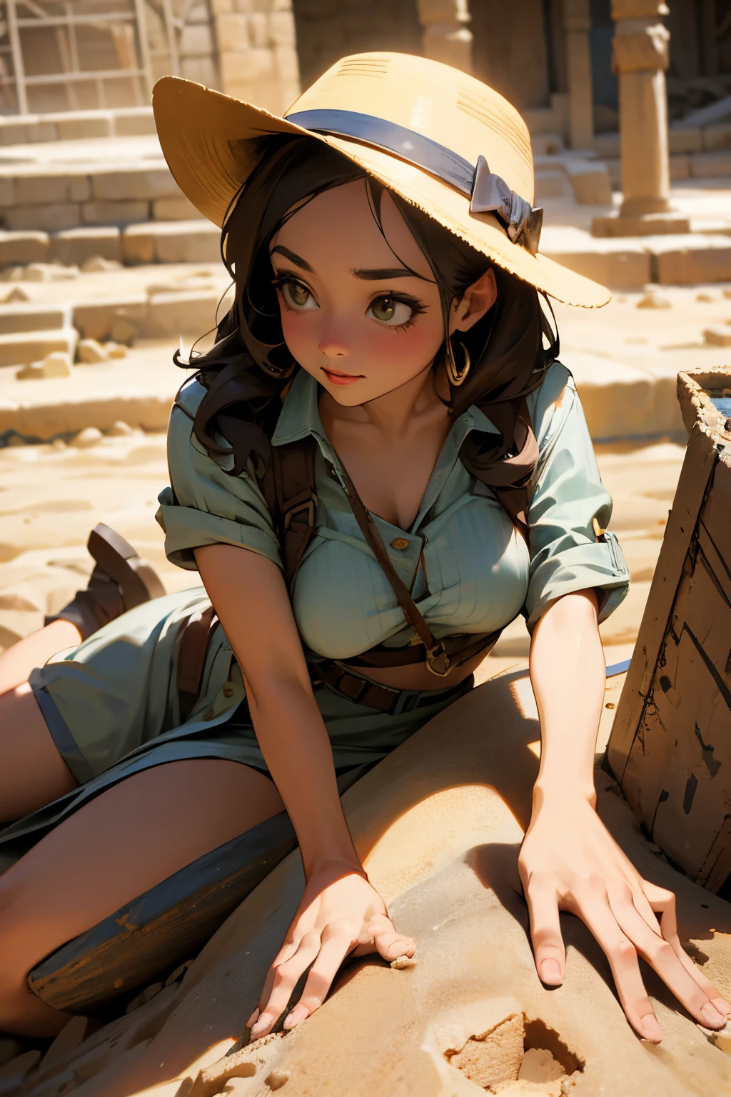 Vivid, lifelike image of a young woman in her 30s, with the allure of a innocent idol, dressed as an archaeologist, at an excavation site, with ancient artifacts and tools, capturing the thrill of historical discovery.