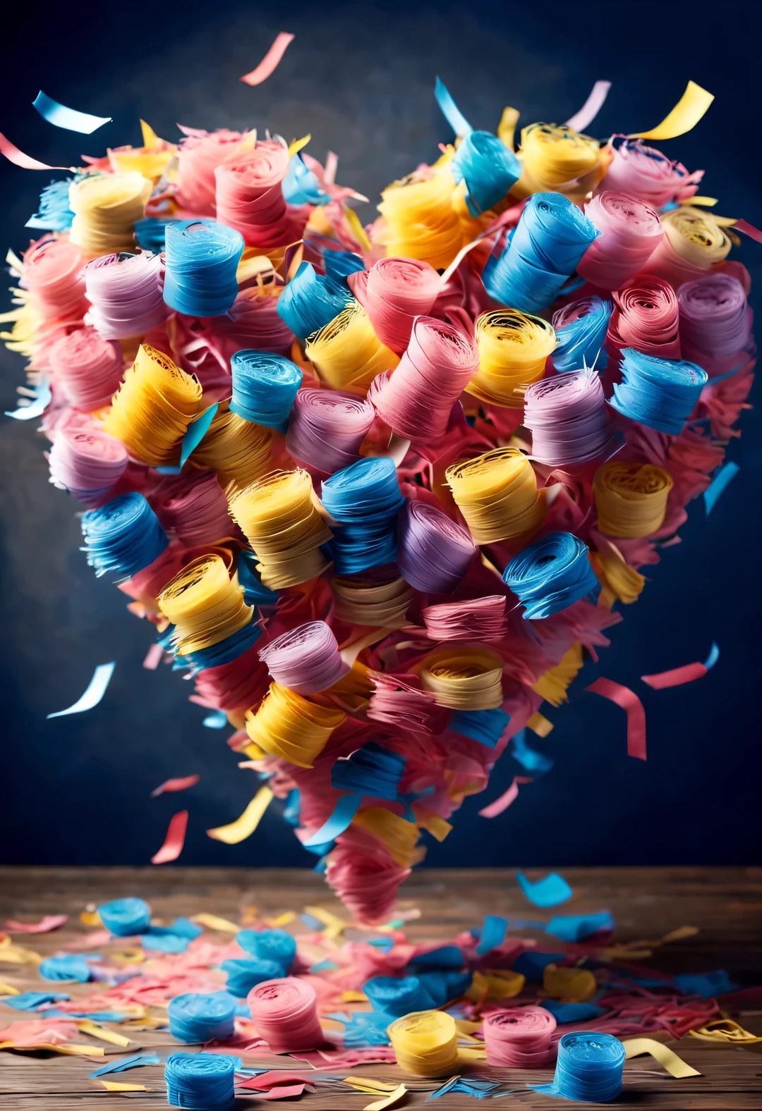 Colorful scraps of paper are flying in the air like a heart,