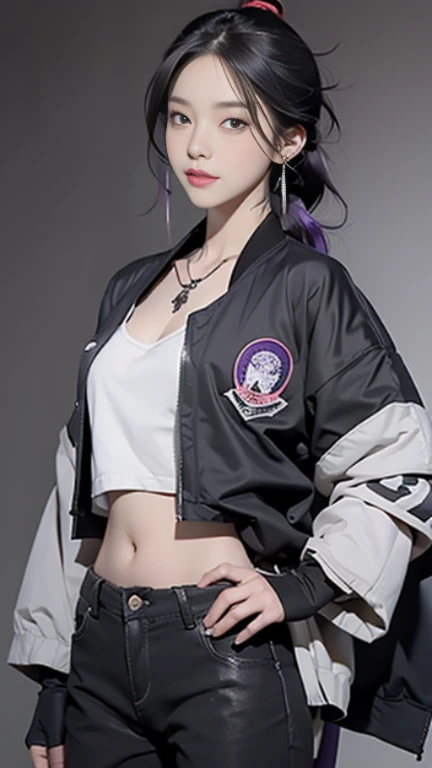 Screen description full reference copy 1girl，solo，long hair，looking at the audience，black hair，Gloves，hat，belly button，jewelry，stand，jacket，ponytail，purple hair，shooting，earrings，Open clothes，necklace，abdomen，Pants，sword，无指Gloves，necklace，taupe，character name，开放式jacket，lips，Cut the top，hands on hips，torn clothes，黑色necklace，黑色Pants，perforation，cover，Samurai sword，black background，Ear piercing，Mole under the mouth，baseball cap，jacket，环earrings，紫色jacket，Purple headwear，撕破的Pants