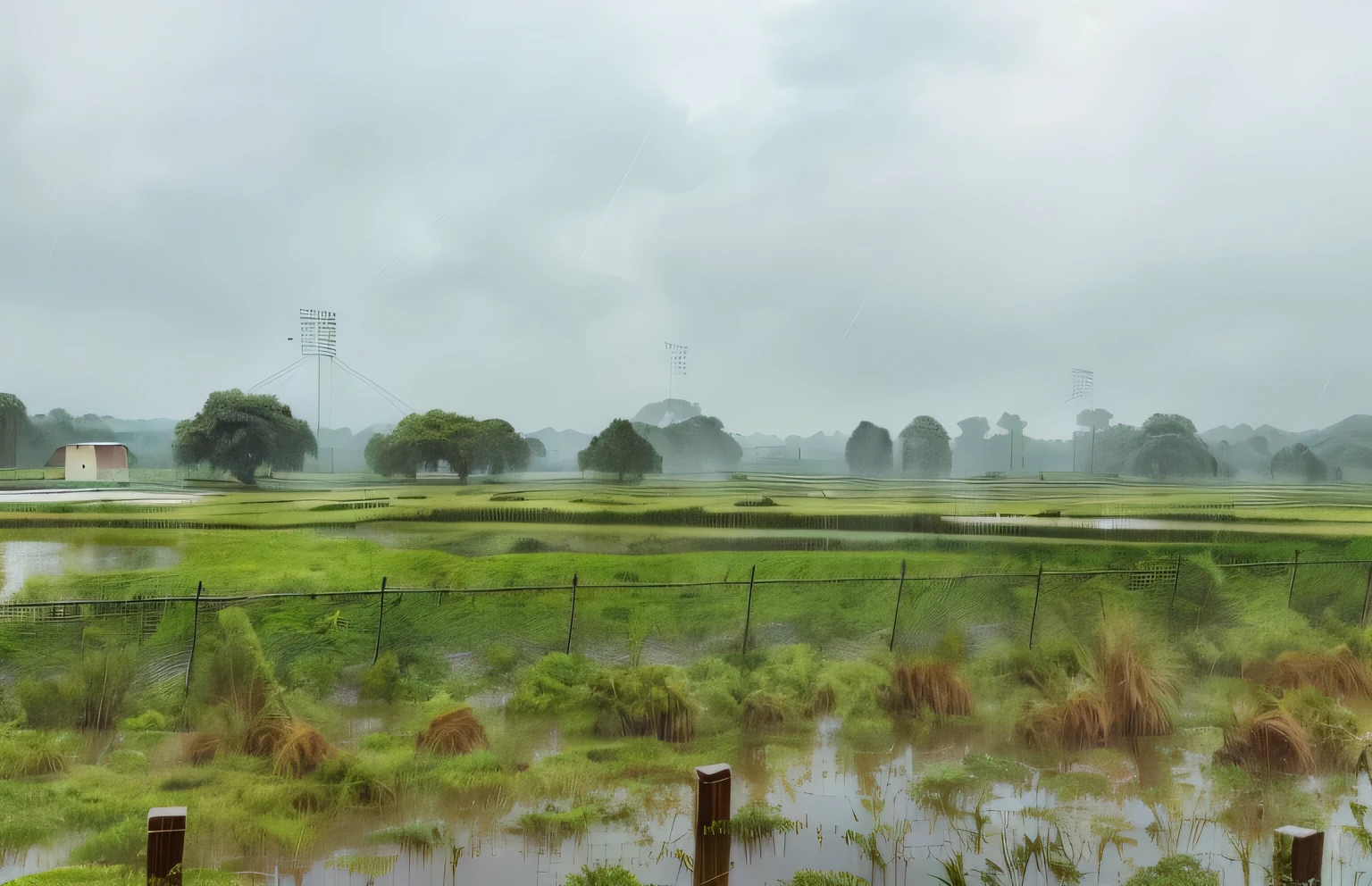 there is a view of a field with a fence and a field with lots of grass, it is raining heavily, day after raining, tempo nublado, dia nublado, humid climate, Flooded swamp, em um ambiente chuvoso, Chuvas e lama, Low clouds after rain, ambiente chuvoso, chuva forte de nuvens espessas, rainy and wet atmosphere, atmosfera chuvosa e sombria