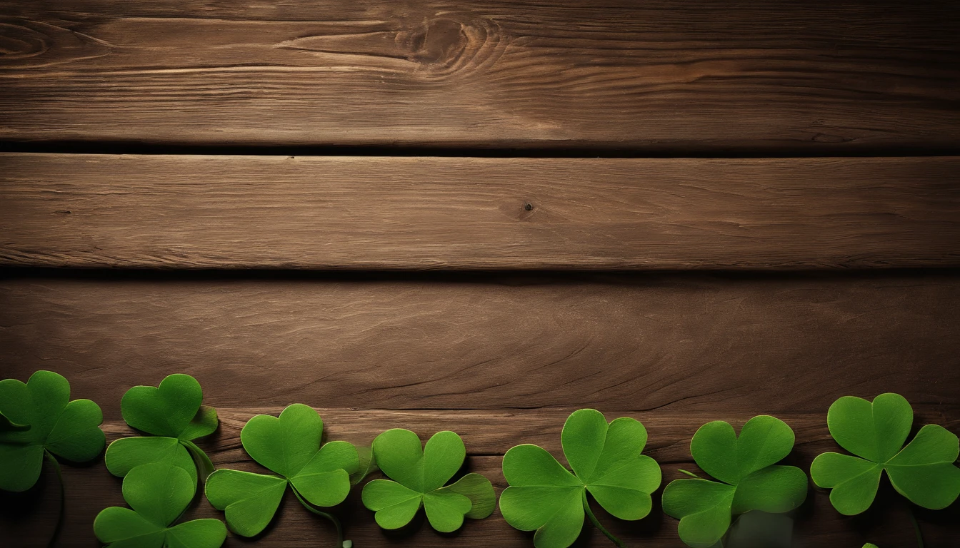 A high-resolution image showcasing a blank St. Patrick’s Day template, with a rustic wooden background, empty spaces for text or graphics, and decorative elements like clovers or Irish flags, providing a warm and inviting setting for personalized designs.