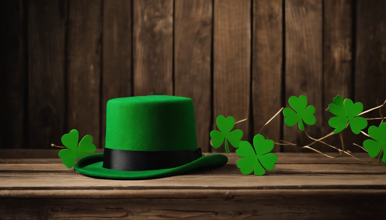 A high-resolution image showcasing a blank St. Patrick’s Day template, with a rustic wooden background, empty spaces for text or graphics, and decorative elements like clovers or Irish flags, providing a warm and inviting setting for personalized designs.