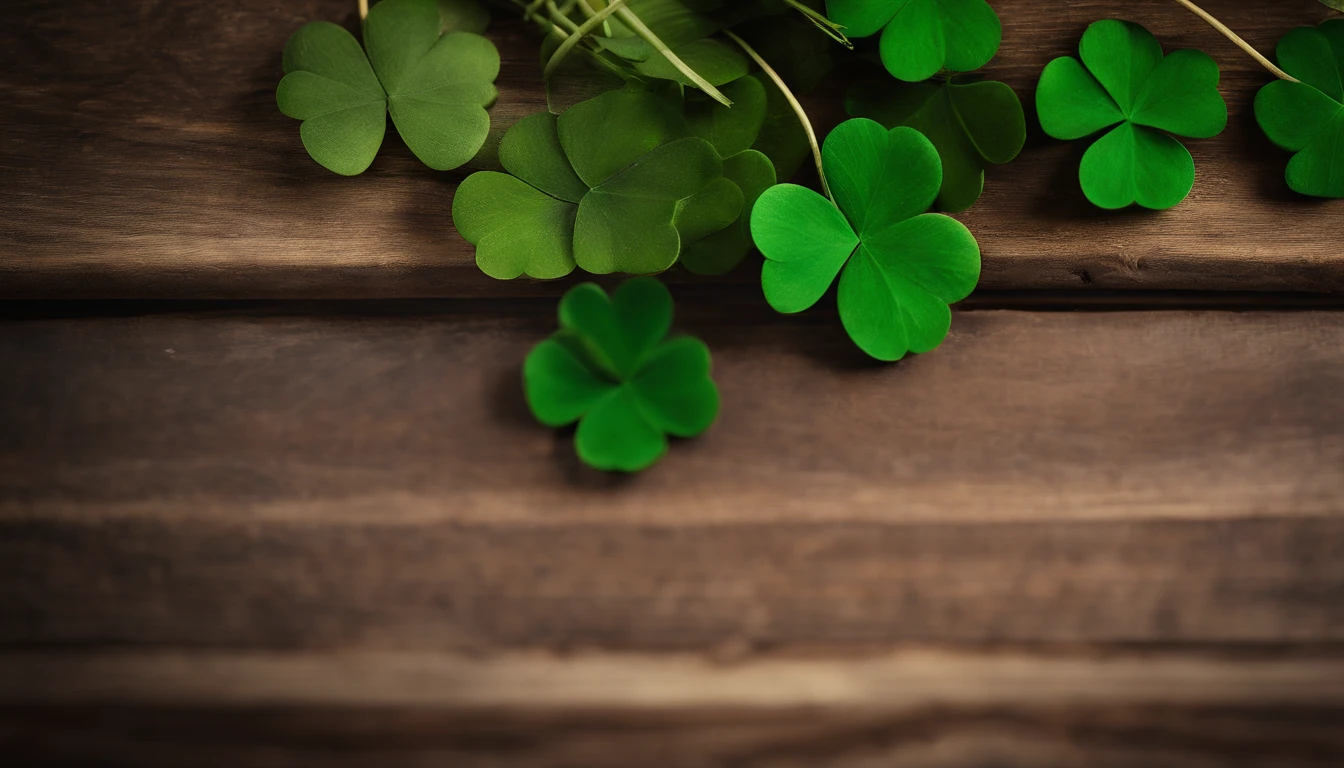 A high-resolution image showcasing a blank St. Patrick’s Day template, with a rustic wooden background, empty spaces for text or graphics, and decorative elements like clovers or Irish flags, providing a warm and inviting setting for personalized designs.