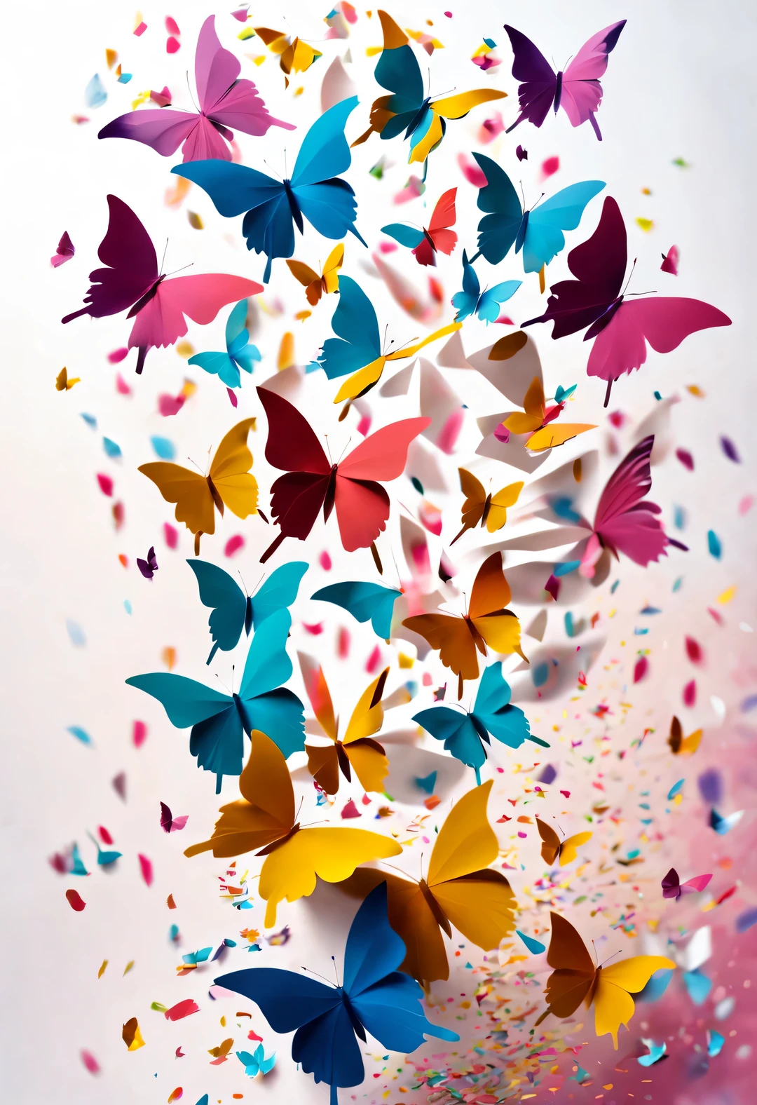 （The white paper tilted in the air gradually turned into a colorful butterfly shape。.），Colorful confetti flying in the air like butterflies,