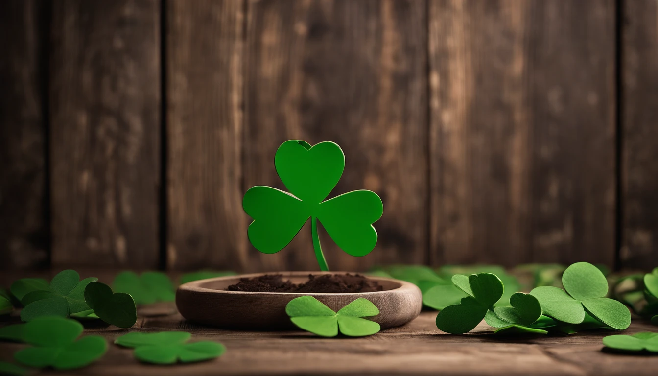 A high-resolution image showcasing a blank St. Patrick’s Day template, with a rustic wooden background, empty spaces for text or graphics, and decorative elements like clovers or Irish flags, providing a warm and inviting setting for personalized designs.