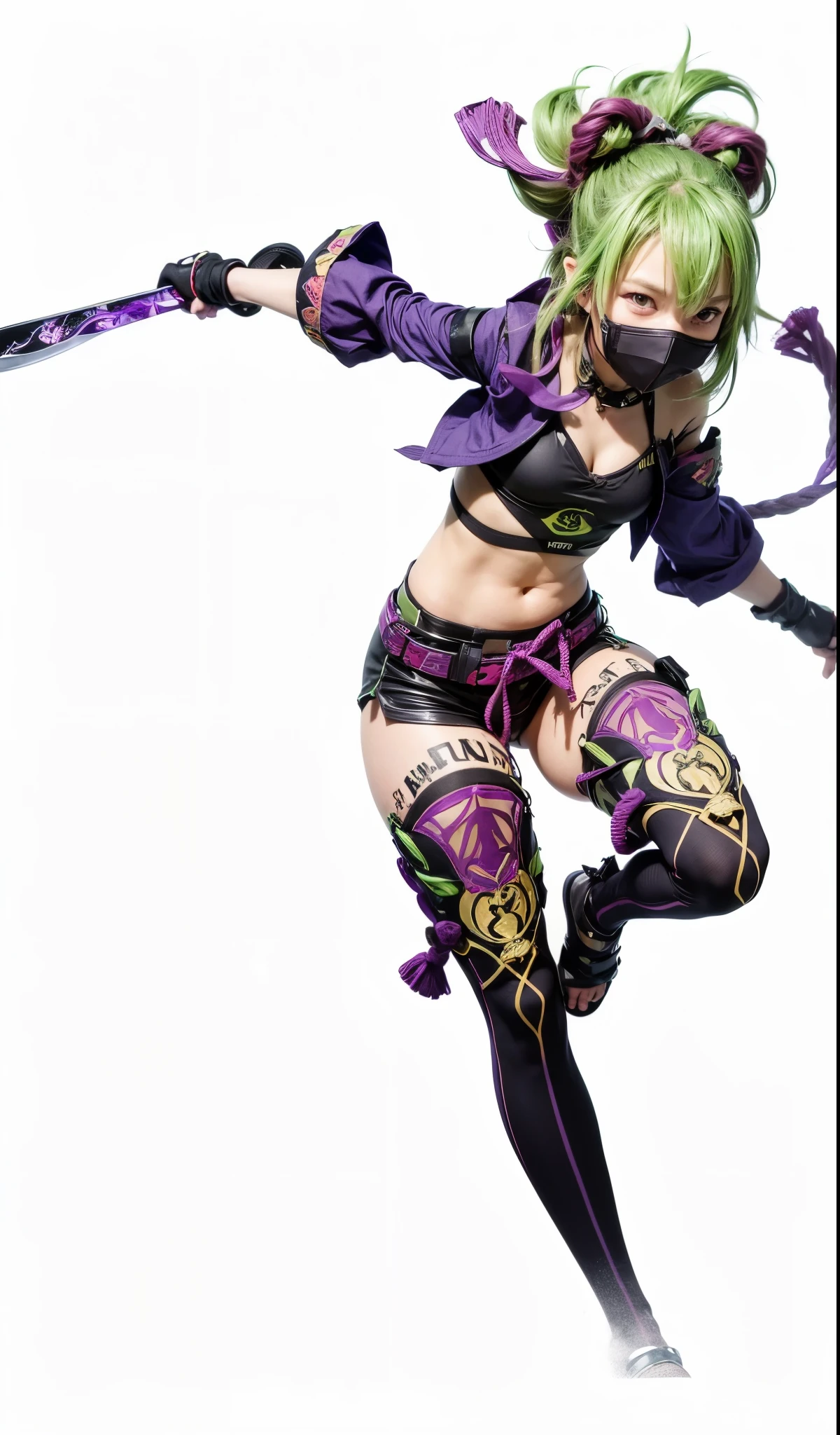Kuki shinobu, genshin impact, inazuma, female, ninja girl, teenage, green hair with purple rope, purple eyes, purple top outer, black top inner, black purple short, purple stocking, black face mask, purple sword, slipper