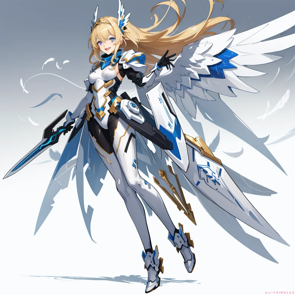 (((full body photo))) (​master piece, Best Quality),  Intricate details, valkyrie, kawaii, Happy, (((Laugh))), Villainous smile, Hand up, Looking at Viewer, Feather Headgear, Flower meadow, 
3 girl in, Solo, Portrait, Tentacle Plutinum Blonde Hair, drooping iceblue eyes, red Single Thigh, White Independent Single Sleeve, gloves, Single braid, 
 mecha musume, White bodysuit, red Reinforced Suit, angel Wings, silver pantyhose, full armor, flower decoration, equip sword,