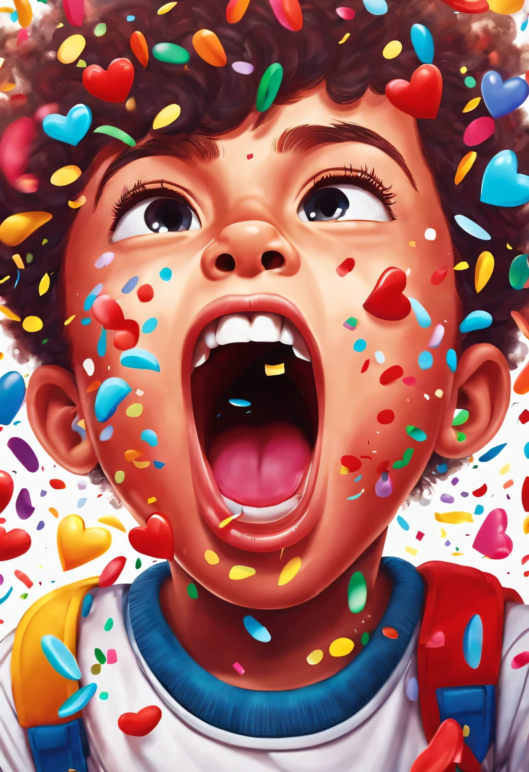 (Colorful confetti erupts from cartoon boy's mouth,Like a heart), The little boy opens his huge mouth,A look of horror on his face