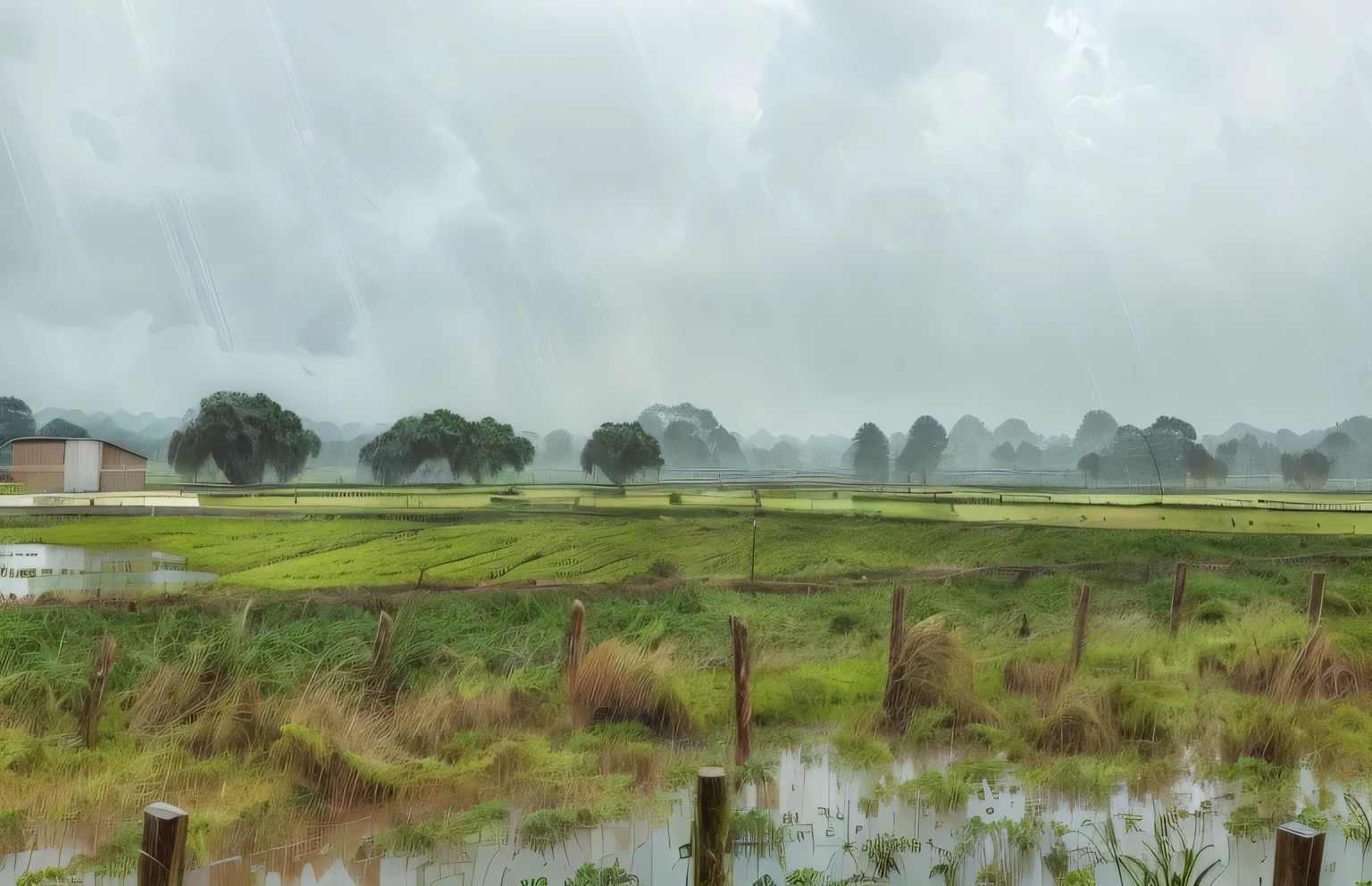there is a view of a field with a fence and a field with lots of grass, it is raining heavily, day after raining, tempo nublado, dia nublado, humid climate, Flooded swamp, em um ambiente chuvoso, Chuvas e lama, Low clouds after rain, ambiente chuvoso, chuva forte de nuvens espessas, rainy and wet atmosphere, atmosfera chuvosa e sombria