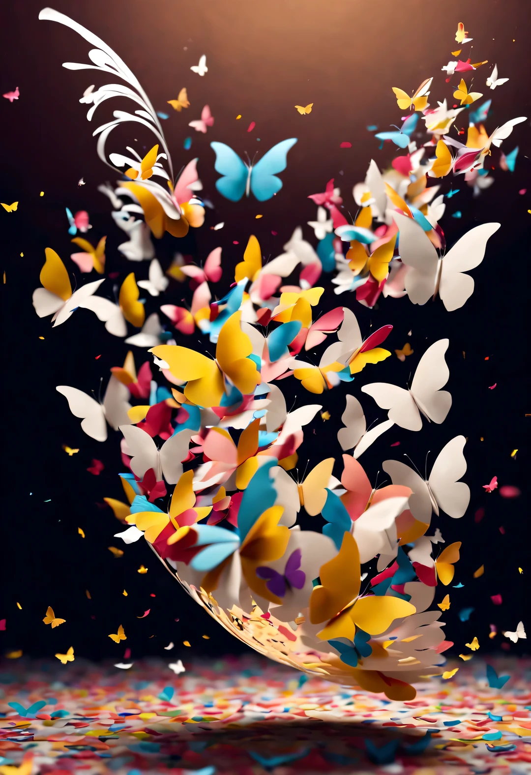 (The white paper tilted in the air gradually turned into a colorful butterfly shape。.),Colorful confetti flying in the air like butterflies,