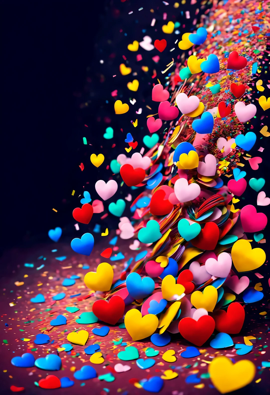 Colorful confetti flying in the air like hearts,