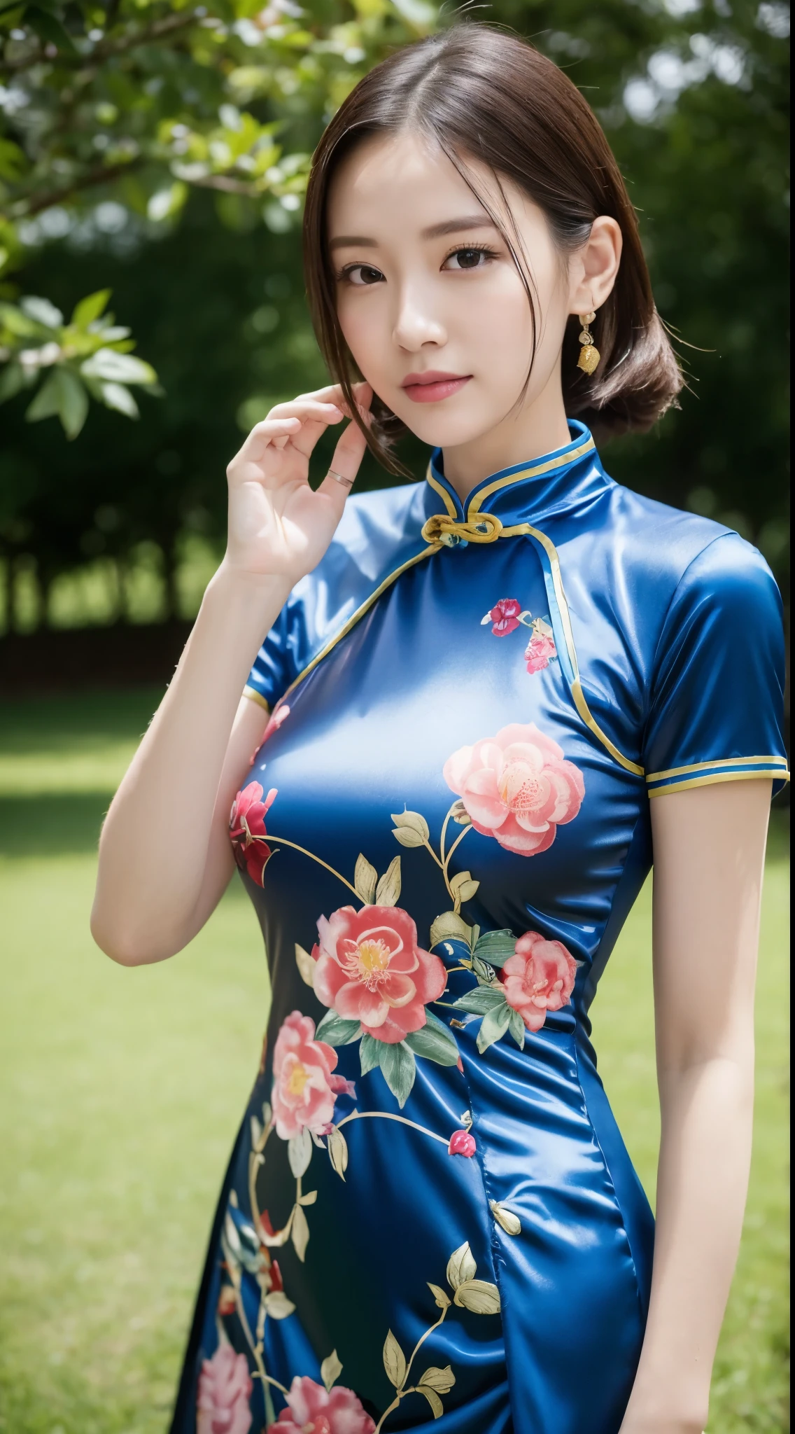 highest quality, best image quality, highest resolution, Super detailed, cheongsam clothing, Short Sleeve Cheongsam, The material of the cheongsam is satin, shiny and、It is soft and smooth to the touch., tight cheongsam dress, No underwear is worn, Breast C cup, Full body shot that includes the face, The target audience is one person, Shot outdoors, soaking wet, sweaty,