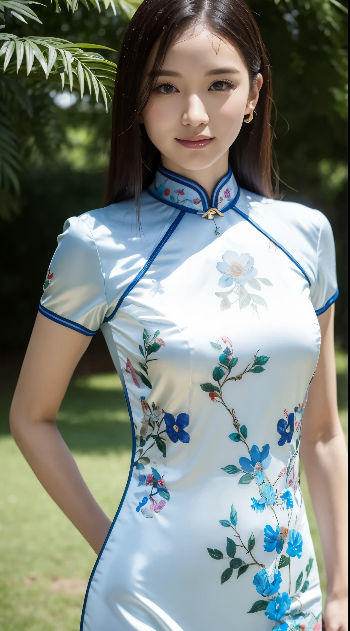 highest quality, best image quality, highest resolution, Super detailed, cheongsam clothing, Short Sleeve Cheongsam, The material of the cheongsam is satin, shiny and、It is soft and smooth to the touch., tight cheongsam dress, No underwear is worn, Breast C cup, Full body shot that includes the face, The target audience is one person, Shot outdoors, soaking wet, sweaty,