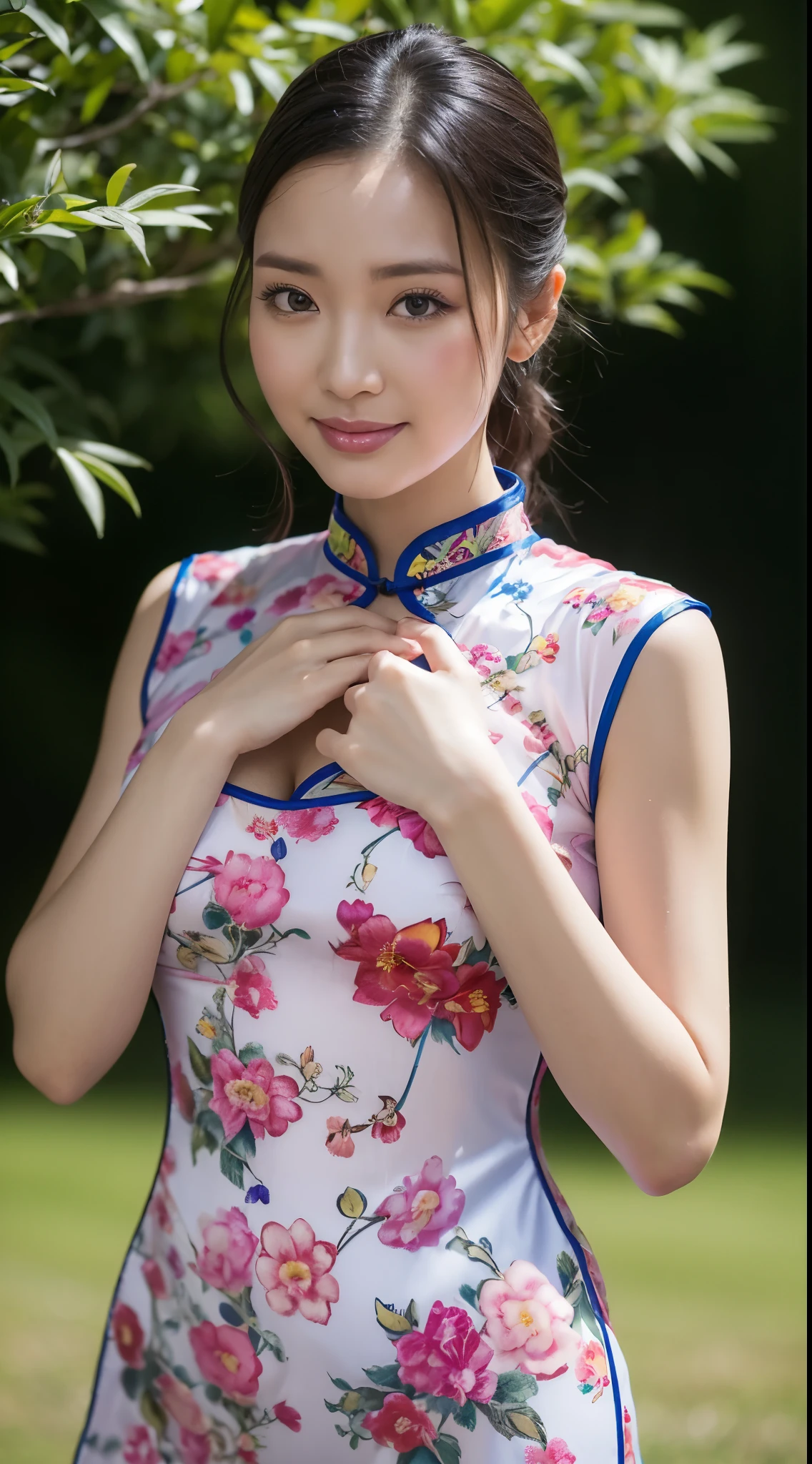 highest quality, best image quality, highest resolution, Super detailed, cheongsam clothing, Short Sleeve Cheongsam, The material of the cheongsam is satin, shiny and、It is soft and smooth to the touch., tight cheongsam dress, No underwear is worn, Breast C cup, Full body shot that includes the face, The target audience is one person, Shot outdoors, soaking wet, sweaty,