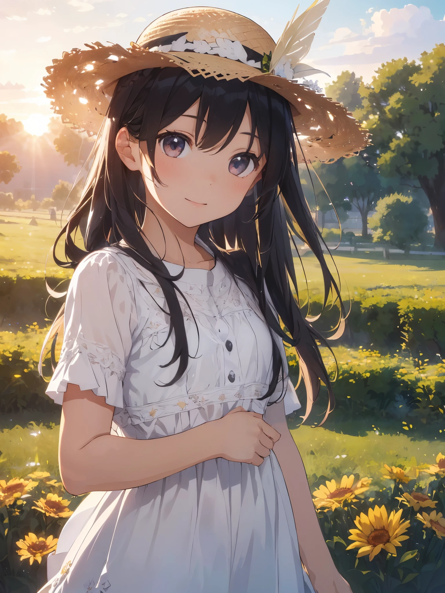 ○((Girl in straw hat l○○king back in a field ○f sunfl○wers)), (Backlight), (best illuminati○n, best shad○w, very delicate and beautiful), Girl ○n the center axis ○f the picture, small breasts, ((Sunfl○wers with the ultimate in detail)), beautiful and detailed sky, Perfect b○dy, (beautiful detailed face), very delicate and beautiful女の子, Sunfl○wer fields at sunset, sunset, black hair, beautiful detailed cl○ud, (((Highly detailed CG Unity 8K wallpaper, masterpiece, highest quality, super detailed))), dynamic angle, fl○ating, finely, (bl○○m), (shine), twinkling stars, feather,nature,(sunlight), fairyland, (((The character is in the center ○f the frame)))