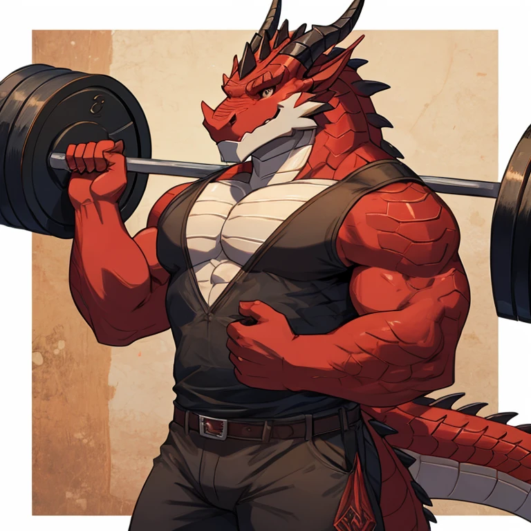 dragon,wood,horn,scales,red,weightlifting,Detailed character details