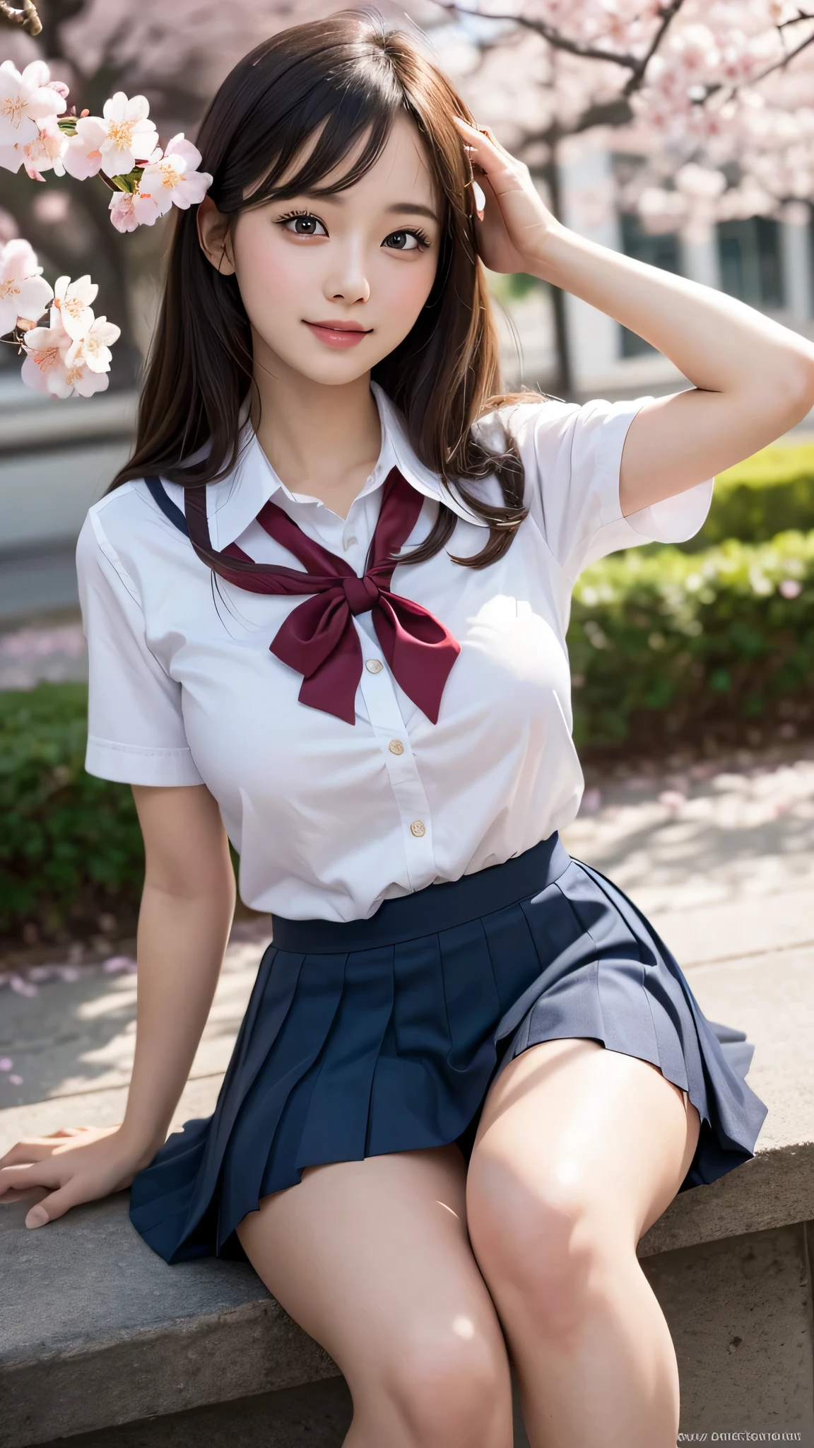 (1 girl), wonderful face and eyes, (big round eyes:1.15), (Highly detailed beautiful face), smile, (school uniform, pleated mini skirt:1.3), (school uniform with open breasts), (highest quality:1.4), (super detailed), (surreal, realistic:1.37), fair skin, Highly detailed CG integrated 8k wallpaper, RAW photo, professional photos, cinematic lighting, sitting, spread your legs wide, (cleft of venus), look at me, (Cherry blossom wallpaper), 