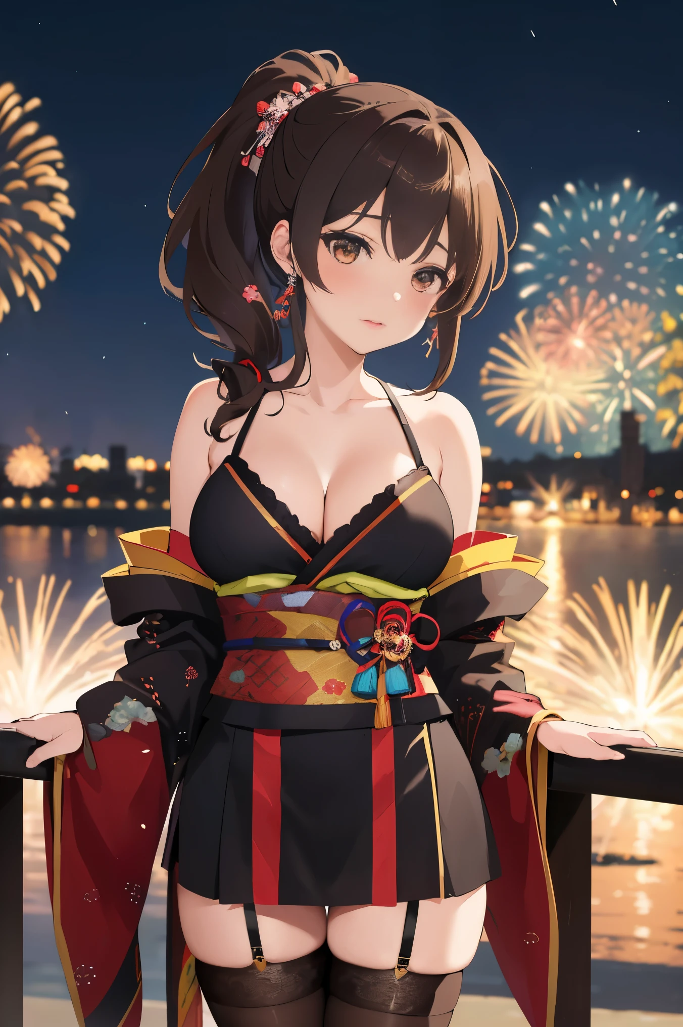 "anime girl, 1 person, dark brown hair, ponytail, ponytail, hairpin, brown eyes, kimono, dark brown kimono, elaborate patterned outfit, stockings, large breasts, blushing  , solo, view from different directions, night, festival, New Year's Eve fireworks, watch fireworks (full HD Image 4K+)"