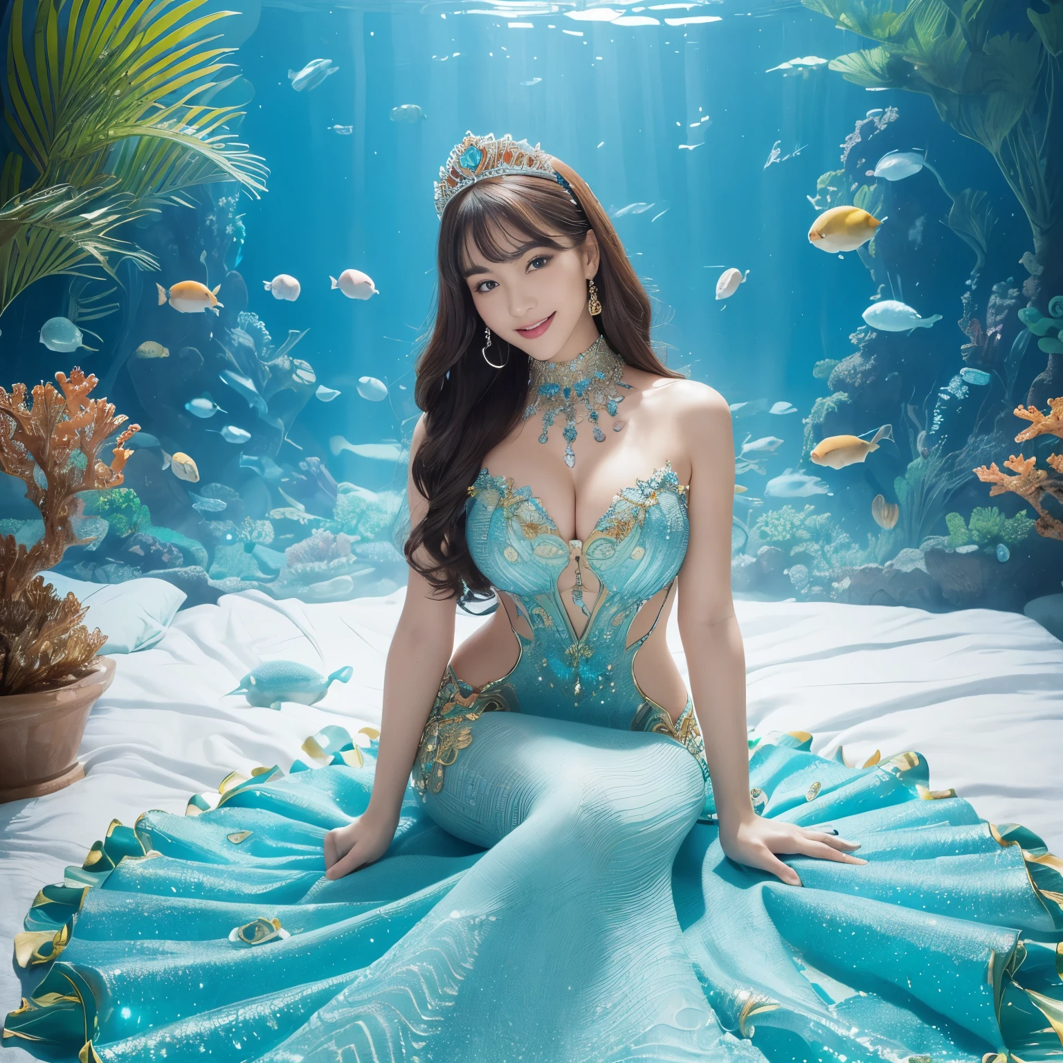 (highest quality、table top、8K、best image quality、hyper realism)、(Mermaid goddess wearing the most extravagant and extravagant finest goddess dress:1.2)、(Mermaid wearing the most extravagant and gorgeous finest goddess dress:1.2)、(The most luxurious and finest transparent sleeve:1.1)、(Sitting on the most luxurious and finest giant bed:1.25)、(upper body photo:1.1)、(The wall of the room is a huge high-quality aquarium:1.2)、(A huge, highly detailed aquarium of the highest quality:1.3)、(Surrounded by a huge aquarium of the highest quality:1.2)、(The most detailed depiction of the most beautiful gigantic aquarium that shines fantastically:1.2)、(最も贅沢で幻想的なSurrounded by a huge aquarium of the highest quality:1.2)、(The most detailed depiction of sea creatures in a huge aquarium:1.2)、(The most fantastic and luxurious princess room that shines brightly:1.2), (There are many beautiful corals and shells in the room.)、(the biggest smile when you look at me:1.2)、Wavy brown hair、Complex, Finely shining scales、(Finest Huge Jewelry Decoration:1.1)、The most gorgeous high-end princess costume、the most luxurious decoration、全身にComplex宝石が施されている、Describe her face in detail、(Perfectly depicts the bright, shining scales of a real mermaid:1.2)、very finely drawn scales、Giant tiara、Clear and detailed background、(Everything is a fantastic and glittering background:1.1)、(accurate anatomy:1.1)、(The most luxurious and huge finest jewelry decoration:1.1)