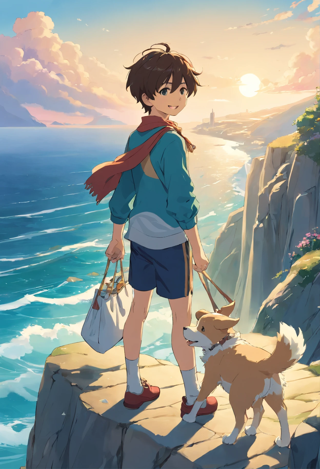 Universal Weight Tarot Card No. 0 The Fool, A boy with a happy expression standing on a cliff by the sea holding a bag, A white puppy is barking and following from afar..