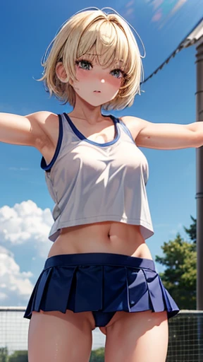 Japanese junior high and high school girl Athletics Club activities Outdoor Raising both arms Running Beautiful girl Blonde Short hair Small breasts Slim Beautiful legs Delicate and beautiful skin White tank top Navel exposed Sweating profusely Hair is wild and disheveled Shy expression perspective from below