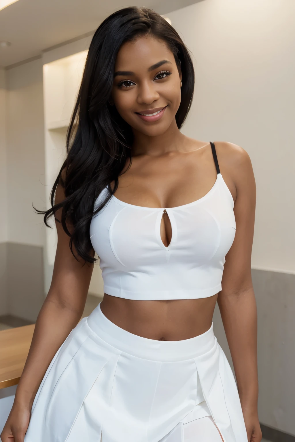 Teen (16 years old) Ebony girl, long curly hair, REALLY huge breasts and thighs, milf, white shirt and black legging, cameltoe pussy, smiling