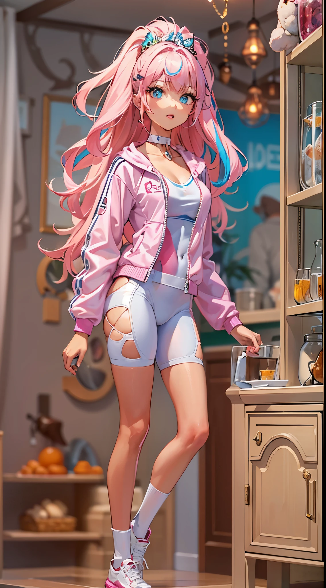 ((Masterpiece)), best quality, absurderes, ultra detailed, holographic, cowboy shot, dynamic pose, golden ratio, super cute girl, mature girl, Barbie girl, super beautiful girl with very beautiful blue eyes, beautiful glowing blonde multicolored hair, high ponytail, nice and sexy body, slim body, perfect body, wearing a super tight and pink leotard, a super aesthetic pink translucent mini jacket, beautiful pink hair ornament, pink jordan tennis, being photographed in a doll house