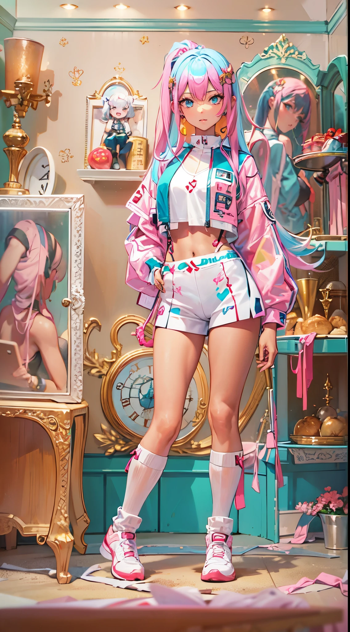 ((Masterpiece)), best quality, absurderes, ultra detailed, holographic, cowboy shot, dynamic pose, golden ratio, super cute girl, mature girl, Barbie girl, idol girl, super beautiful girl with very beautiful blue eyes, beautiful glowing blonde multicolored hair, high ponytail, nice and sexy body, slim body, perfect body, wearing a super tight and pink leotard, a super aesthetic pink translucent mini jacket, beautiful pink hair ornament, pink jordan tennis, being photographed in a doll house
