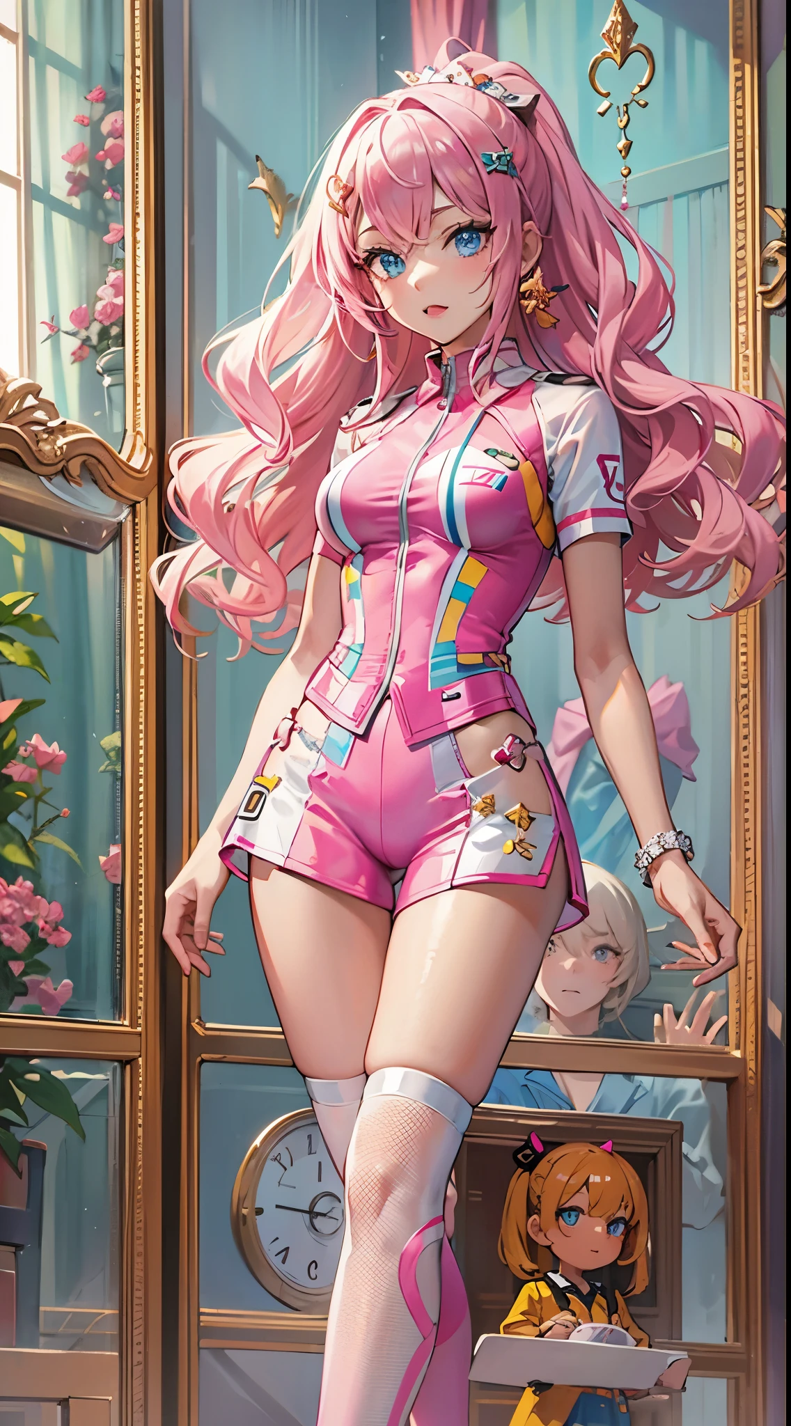 ((Masterpiece)), best quality, absurderes, ultra detailed, holographic, cowboy shot, dynamic pose, golden ratio, super cute girl, mature girl, Barbie girl, idol girl, super beautiful girl with very beautiful blue eyes, beautiful glowing blonde multicolored hair, high ponytail, nice and sexy body, slim body, perfect body, wearing a super tight and pink leotard, a super aesthetic pink translucent mini jacket, beautiful pink hair ornament, pink jordan tennis, being photographed in a doll house