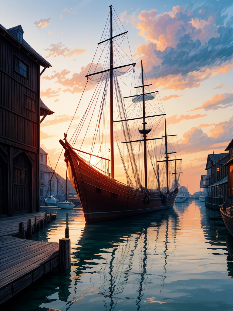 (((masterpiece、Highest image quality、highest quality、highly detailed unity 8kwallpaper)))、((fantasy、medieval port town))、(wooden sailing ship moored)、sunset