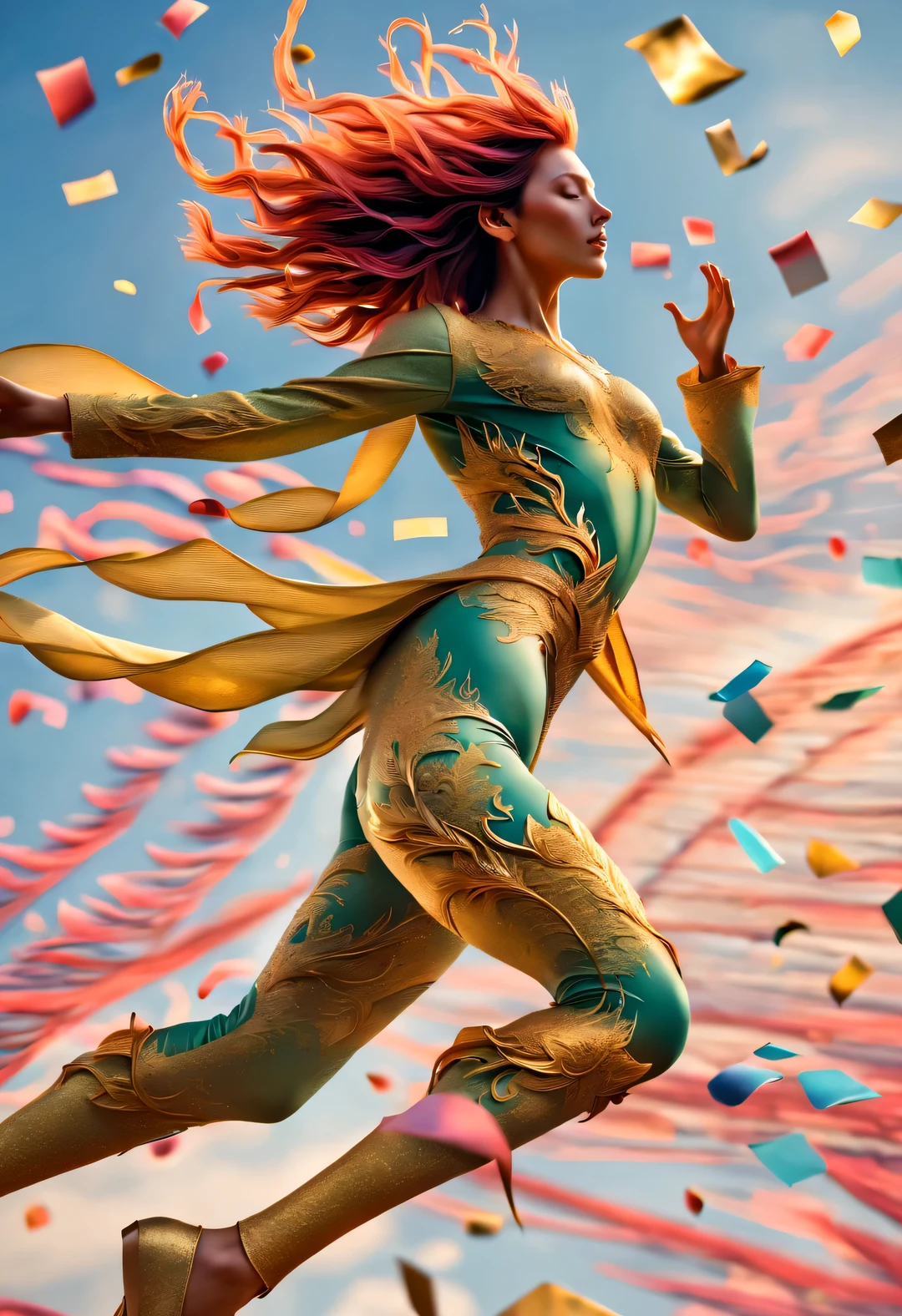 (Golden dragon flying on huge confetti），Confetti flying like the wind，Alyssa Lazer (Aliza Razell) style, beautiful details, beautiful details，Long range shooting，whole body，elevation angle，The art of paper，