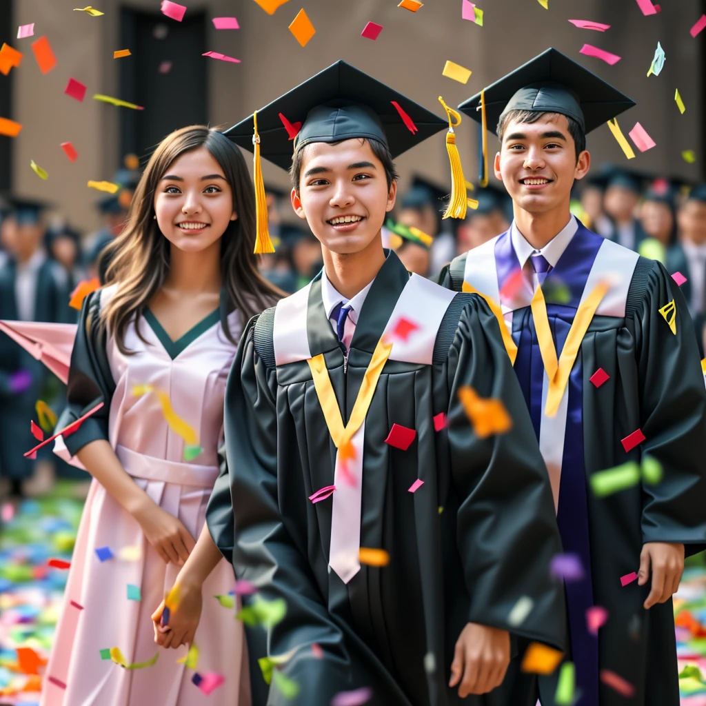 At the graduation ceremony, college students dressed neatly in their graduation uniforms, with colorful paper scraps falling from the sky