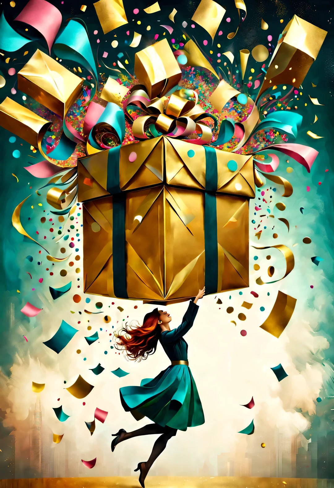 (Confetti is fired from a super giant golden gift box:1.37),Colorful confetti flies in the air like a strong wind,in the style of christian schlow, beautiful details,Long range shooting,whole body,elevation angle,The art of paper,