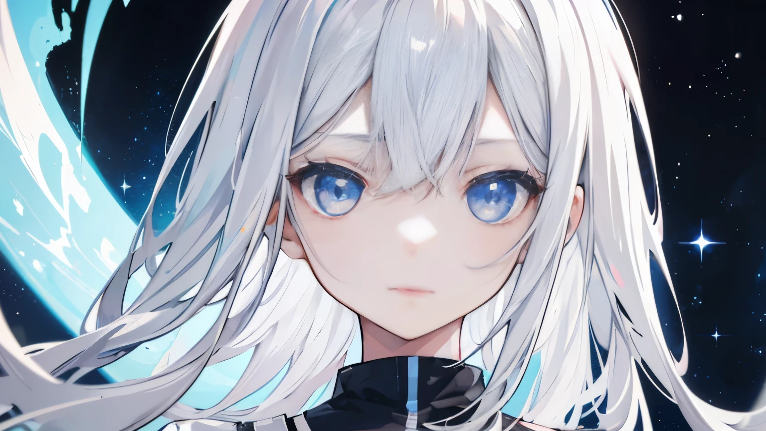 1 girl, long gray hair, light blue eyes, Comes with a plain white T-shirt, black denim shorts, High resolution, super sharp, 8K, masterpiece, looking at the viewer, focus on the face, closed mouth, Background with heavenly stars and cosmic black hole