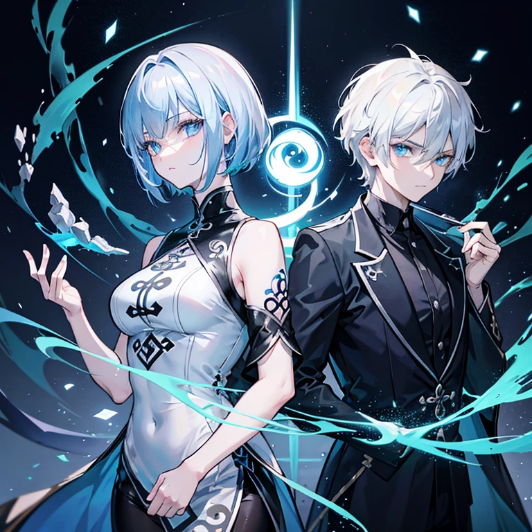 Gorgeous dark atmosphere, 4k artwork of man with gray hair and glowing blue eyes, short hair,Feng Shui master,Five elements of yin and yang,Huanglong.,Two-dimensional image,anime characters