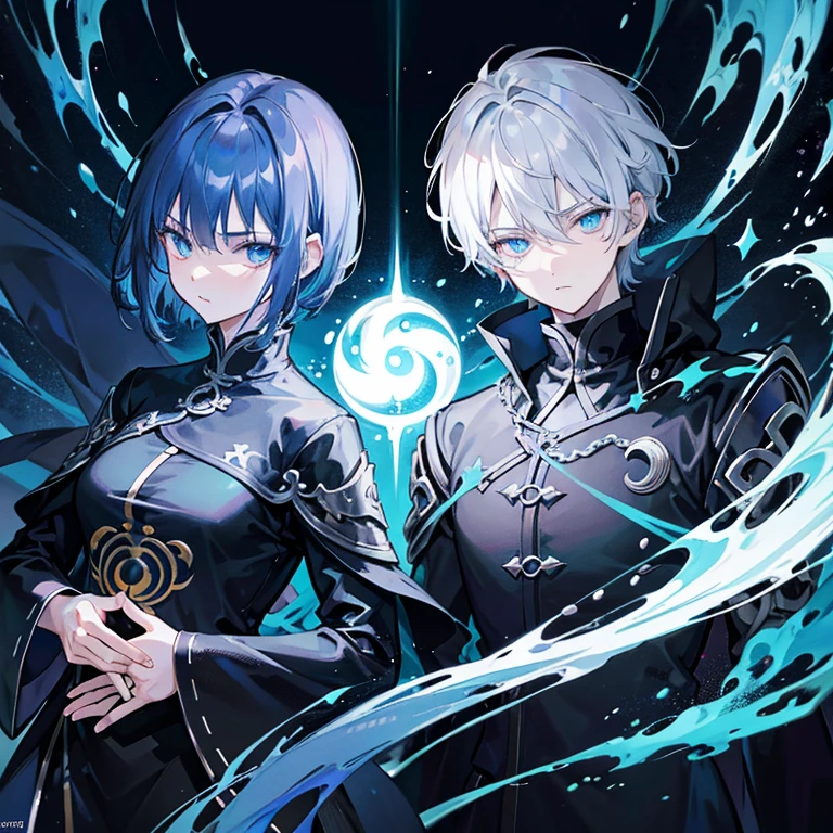 Gorgeous dark atmosphere, 4k artwork of man with gray hair and glowing blue eyes, short hair,Feng Shui master,Five elements of yin and yang,Huanglong.，Two-dimensional image，anime characters