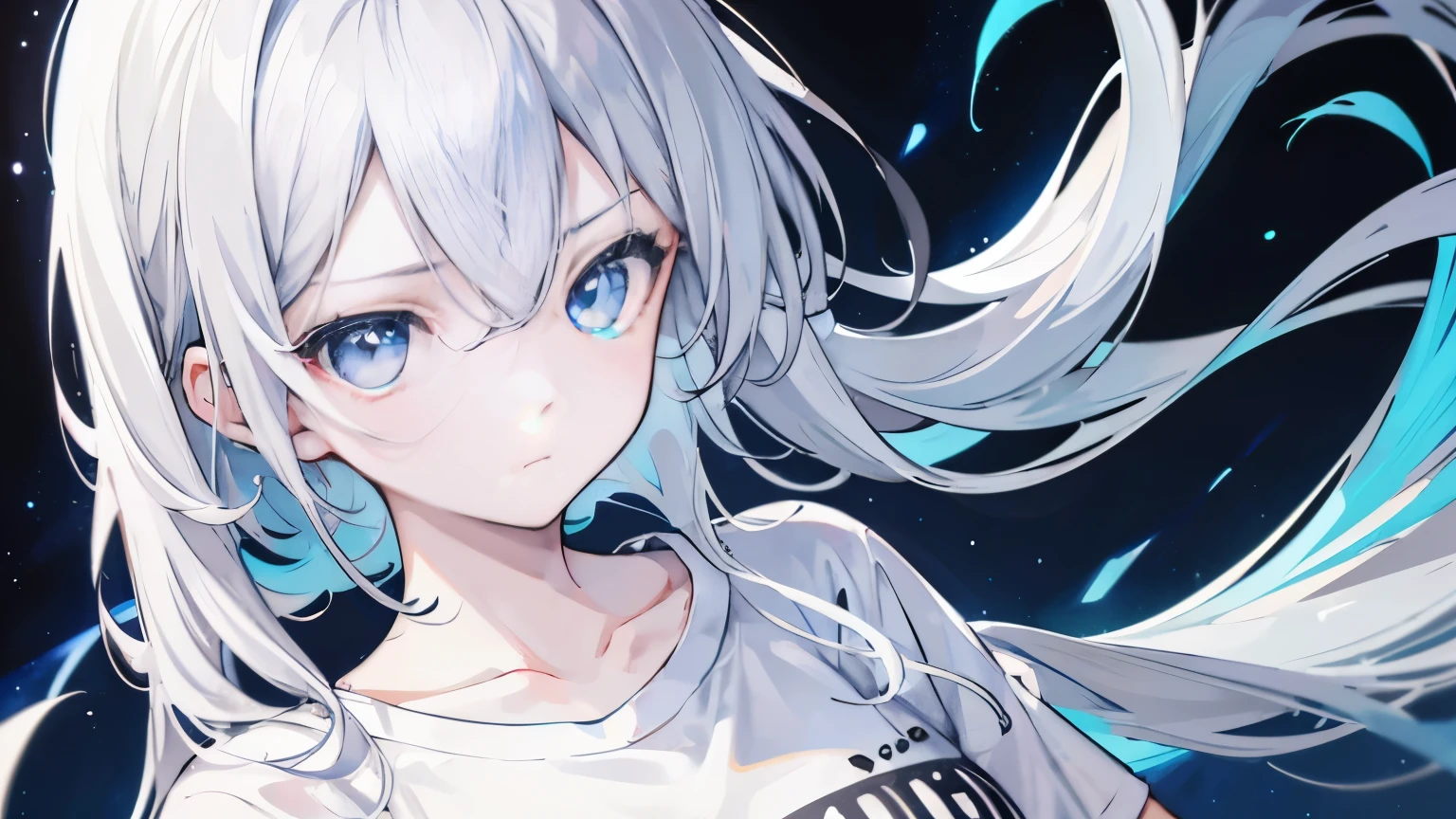 1 girl, long gray hair, light blue eyes, Comes with a plain white T-shirt, black denim shorts, High resolution, super sharp, 8K, masterpiece, looking at the viewer, focus on the face, closed mouth, Background with heavenly stars and cosmic black hole