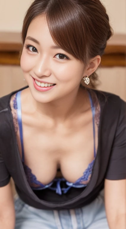 ((史上類を見ないmasterpiece、highest quality、woman, grin and laugh、erotic lingerie、sexy lingerie、down blouse、(leaning forward:1.3)、(oversize tshirt、Loose-fitting T-shirt、Low Cut T-Shirt:1.2)、(highest quality、8K、32K、masterpiece)、(Detailed bra)、Japanese、squat、one's home、blurred background、close up of chest、shot from above、entrance、skirt、joined