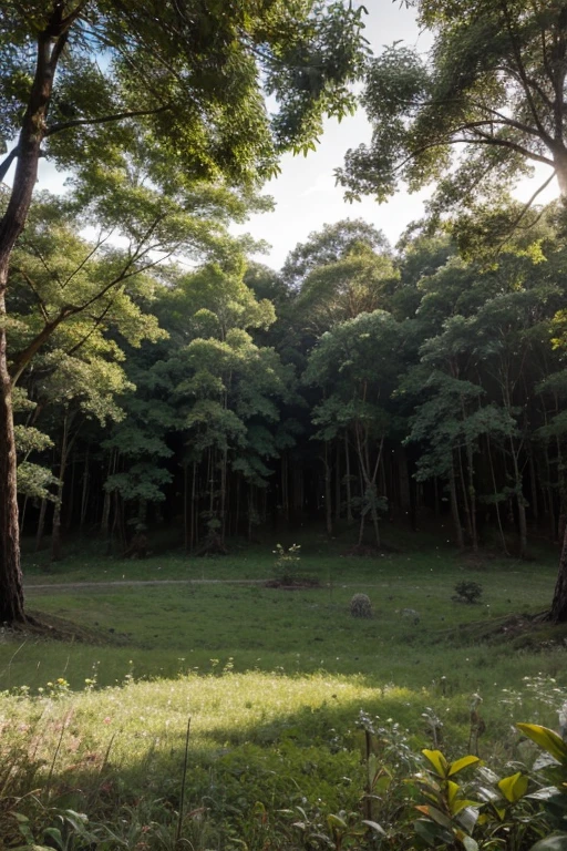uma floresta com um campo estrelado