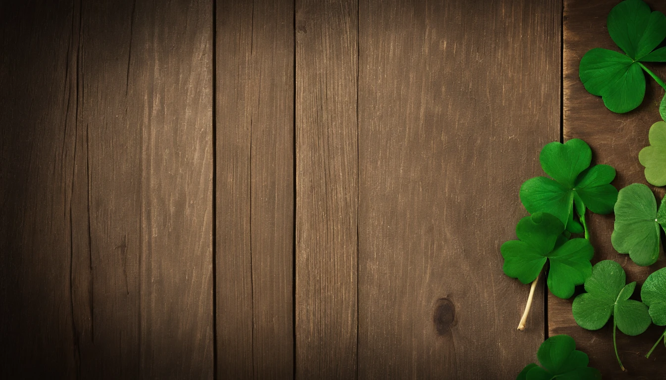 A high-resolution image showcasing a blank St. Patrick’s Day template, with a rustic wooden background, empty spaces for text or graphics, and decorative elements like clovers or Irish flags, providing a warm and inviting setting for personalized designs.