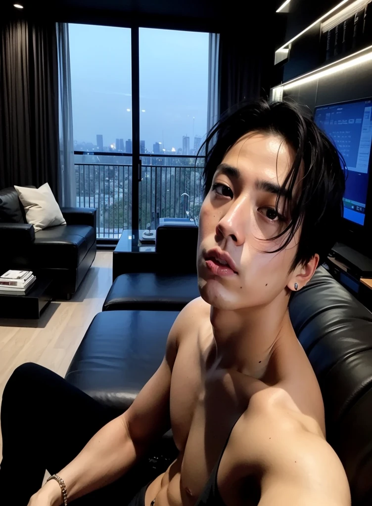 there is a man sitting on a couch in a living room, cai xukun, 8k foto selfiegraph, homem sul-coreano, inspirado em Zhang Han, pintar ulzzang, cute japanese demon boy, capturado em canon eos r 6, inspirado em Bian Shoumin, sakimichan, tirada com sony alfa 9, Jungkook, Steven Klein, foto selfie, Jungkook bts