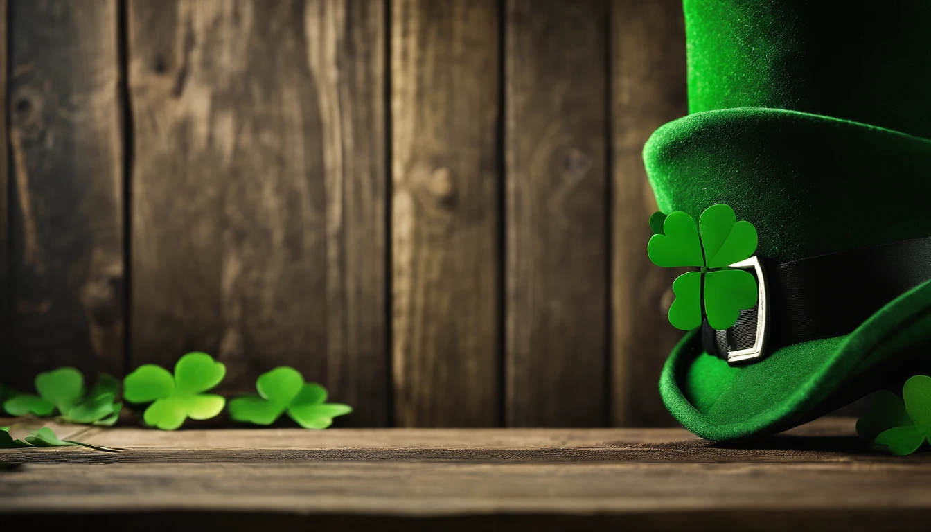 A high-resolution image showcasing a blank St. Patrick’s Day template, with a rustic wooden background, empty spaces for text or graphics, and decorative elements like clovers or Irish flags, providing a warm and inviting setting for personalized designs.