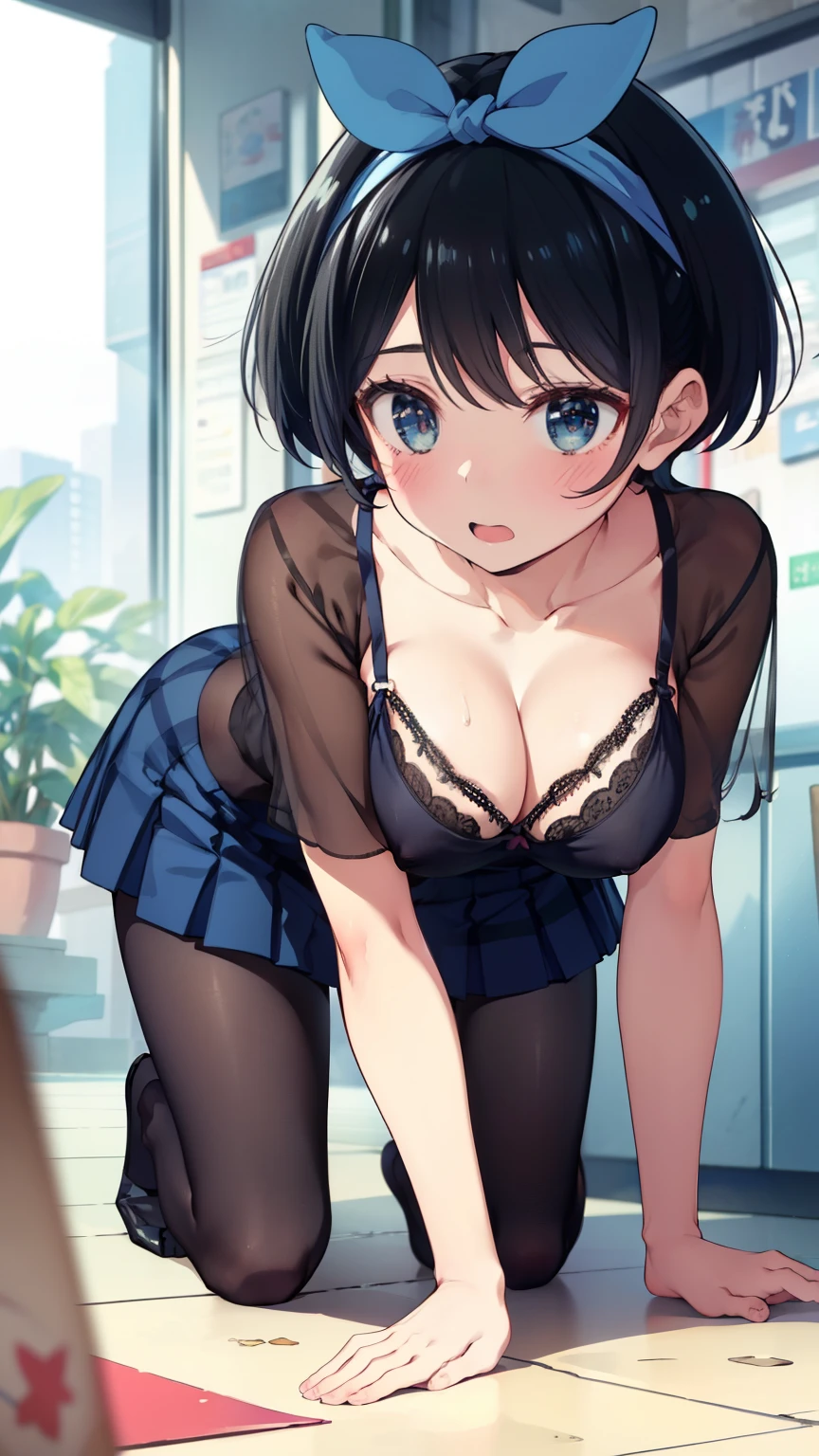 table top、High resolution、2 people、2 peopleの女の子、twins、2 peopleの可愛い女の子、big and full breasts、naughty body、underwear only、see-through、pink lingerie、throw、crawl on all fours、Looking up at me、confused face、blush、black pantyhose、The shape of a woman&#39;s private parts is clearly visible、nipples are visible、navy checkered skirt、micro mini skirt、very short skirt、department store、The shops、a lot of people、in the crowd、man behind、Turning the buttocks